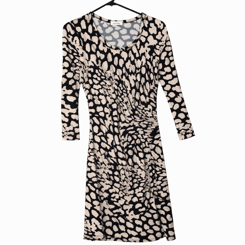 Calvin Klein‎ Size 4 Ruched Midi Dress Black Beige Animal Print 3/4 Sleeve